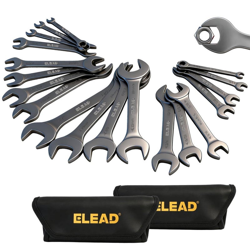 ELEAD Super-Thin Open End Wrench Set | 19-Piece SAE & Metric Sizes | CR-V Nickel Plated | Ultra-Slim Design | Corrosion-Resistant | Durable Roll-Up Pouch for Mechanics - Image 1